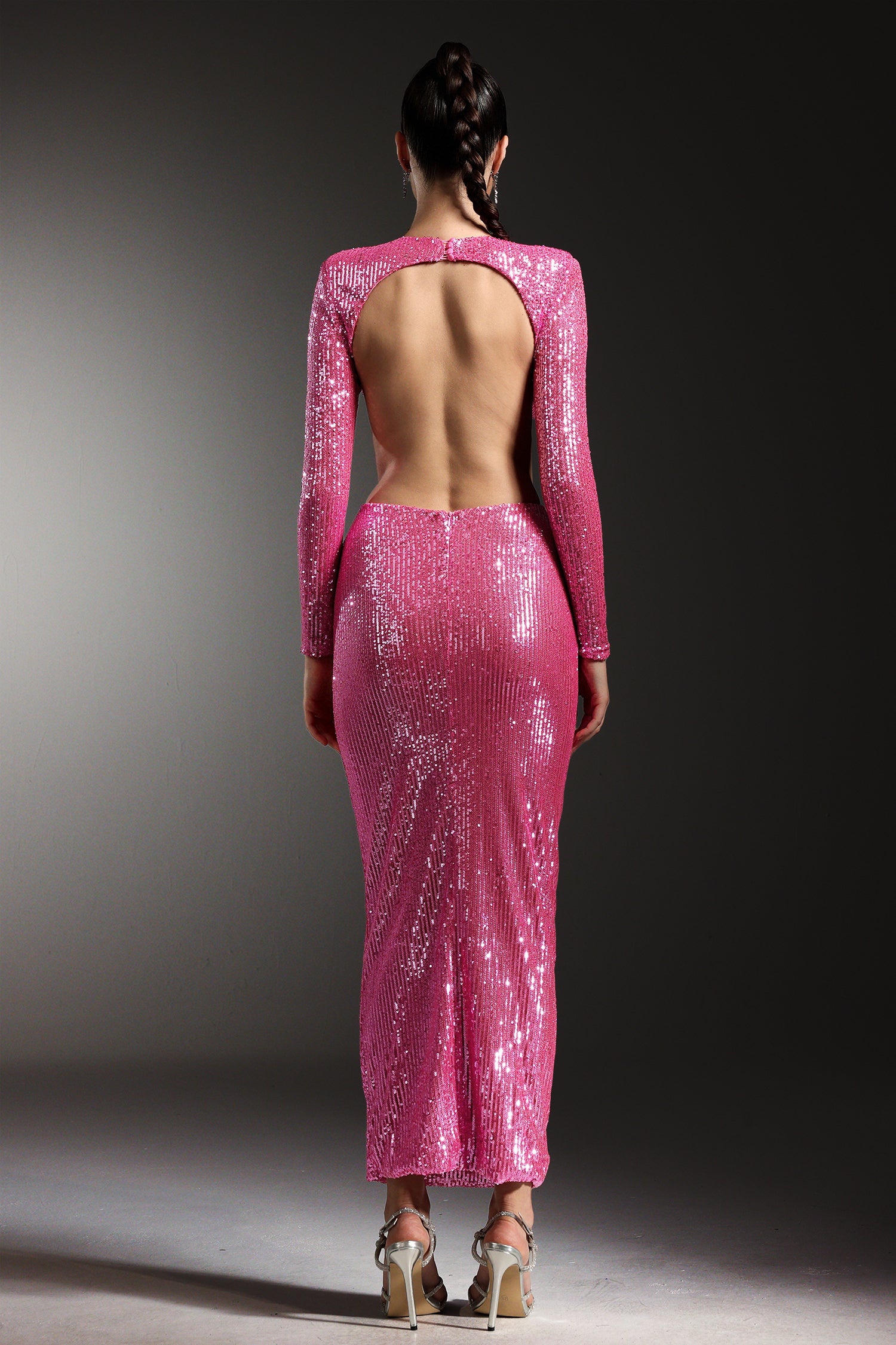 Kusa Long Sleeves Hollow Out Flower Sequin Maxi Dress