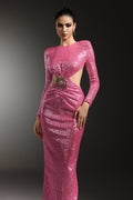 Kusa Long Sleeves Hollow Out Flower Sequin Maxi Dress
