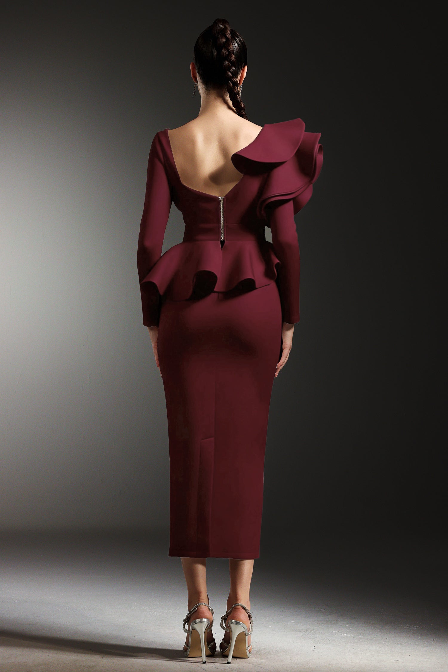 Faray Ruffled Long Sleeves Red Maxi Dress