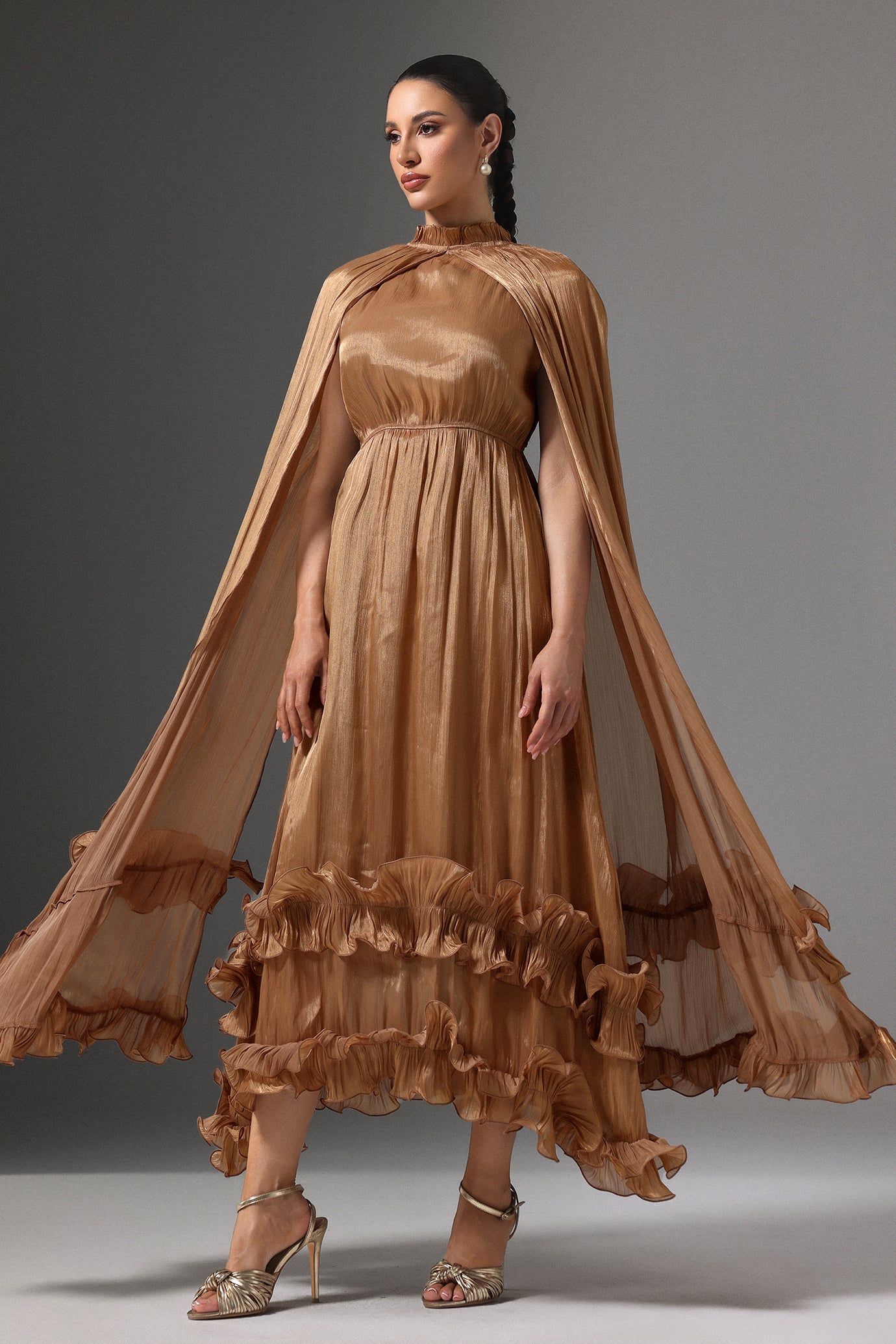 Janiyah High Neck Cape Tie Ruffle Pleated Maxi Dress