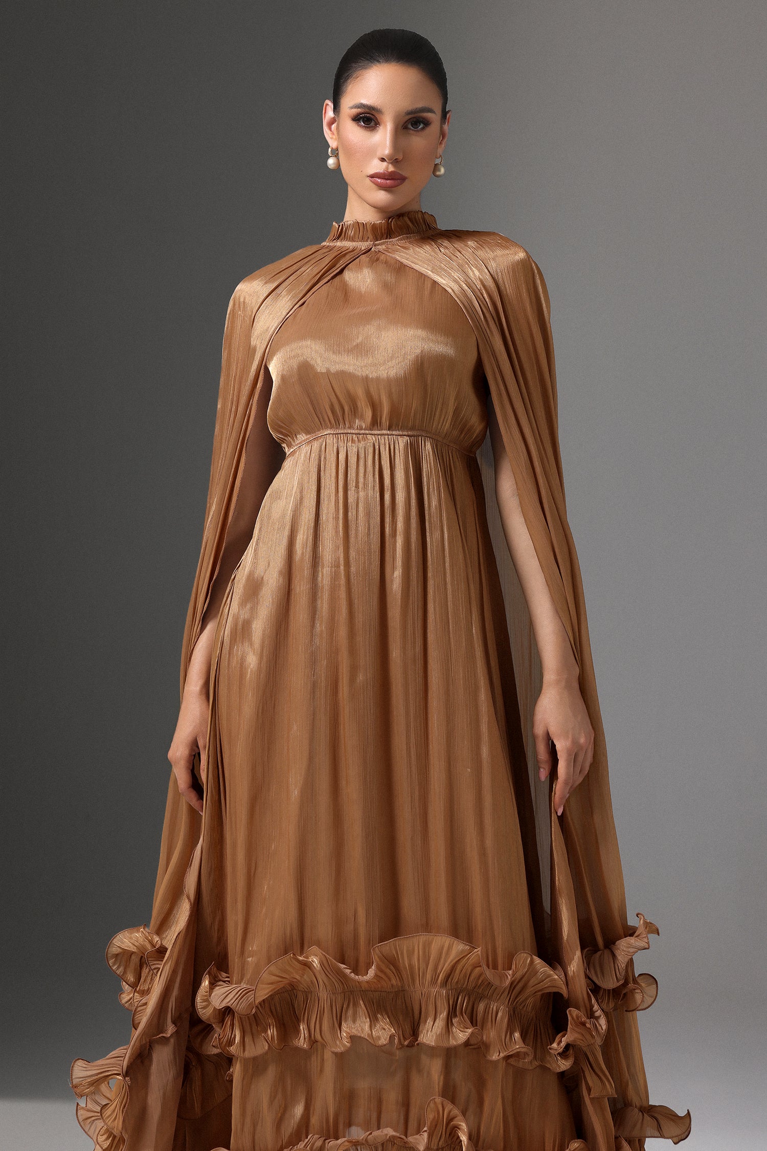 Janiyah High Neck Cape Tie Ruffle Pleated Maxi Dress