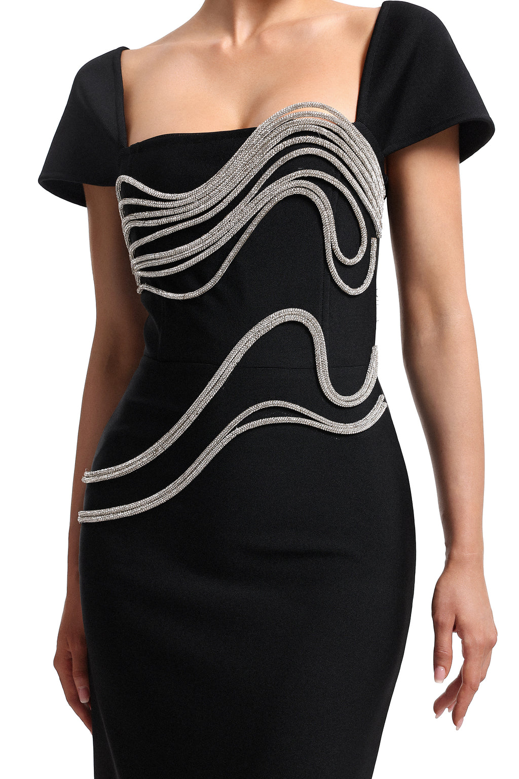 Vako Low Neck Rhinestone Bandage Maxi Dress
