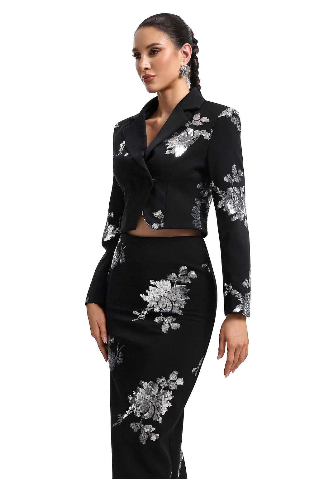Hermione V-Neck Long Sleeve Floral Print Crop Blazer and Skirt Set