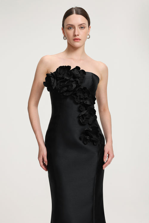 3D Floral - Embellished Strapless Satin Mermaid Maxi Dress