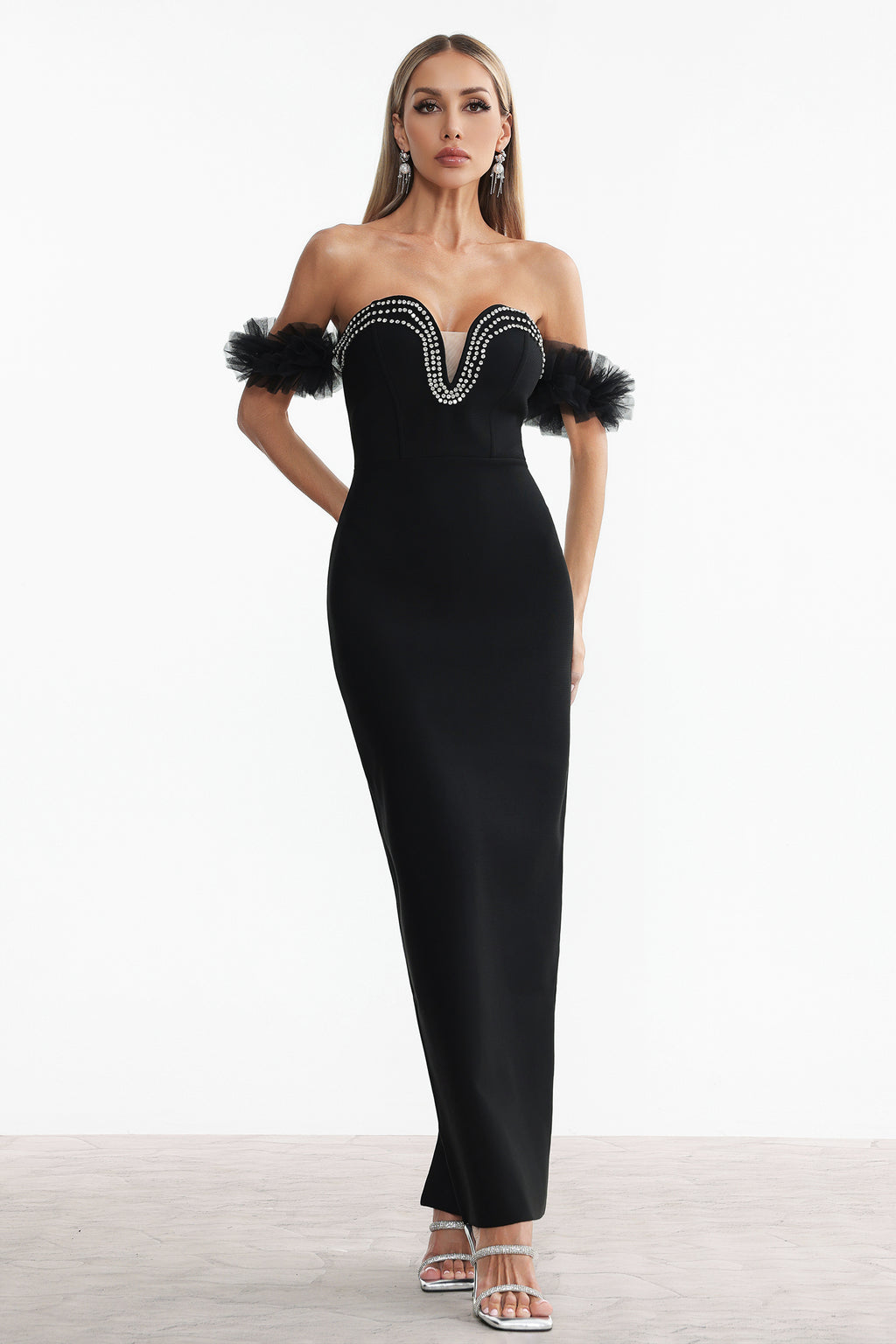 Sarna Off Shoulder Rhinestone Bandage Maxi Dress