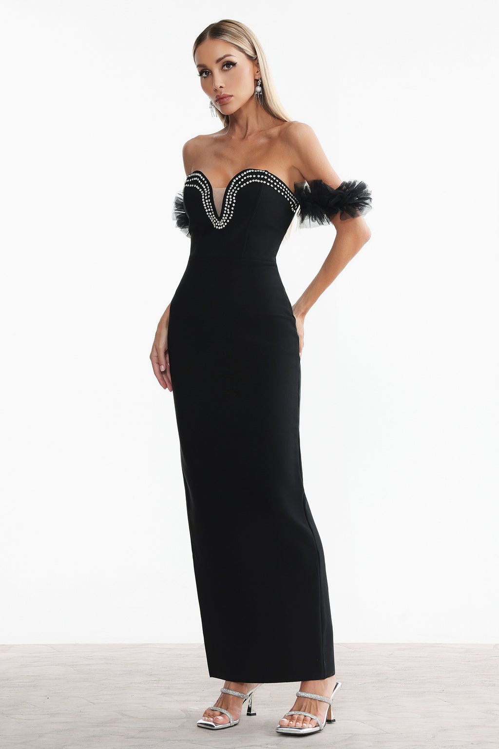 Sarna Off Shoulder Rhinestone Bandage Maxi Dress
