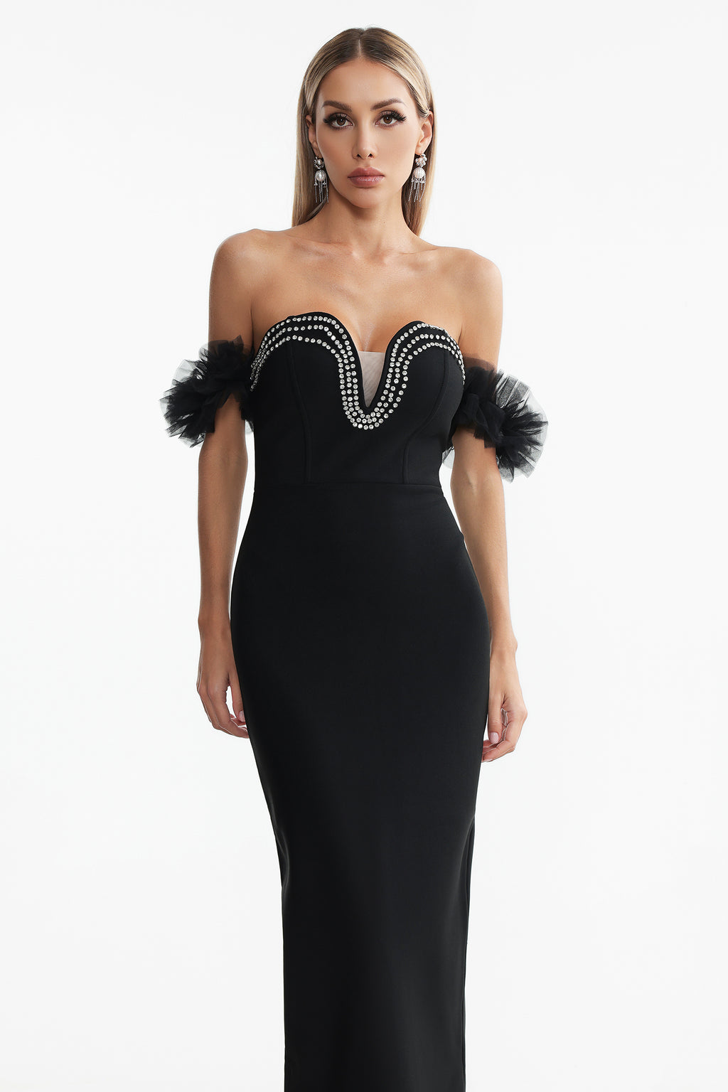 Sarna Off Shoulder Rhinestone Bandage Maxi Dress