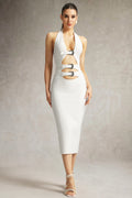 Viane Halter Cut Out Metal Buckle Bandage Midi Dress