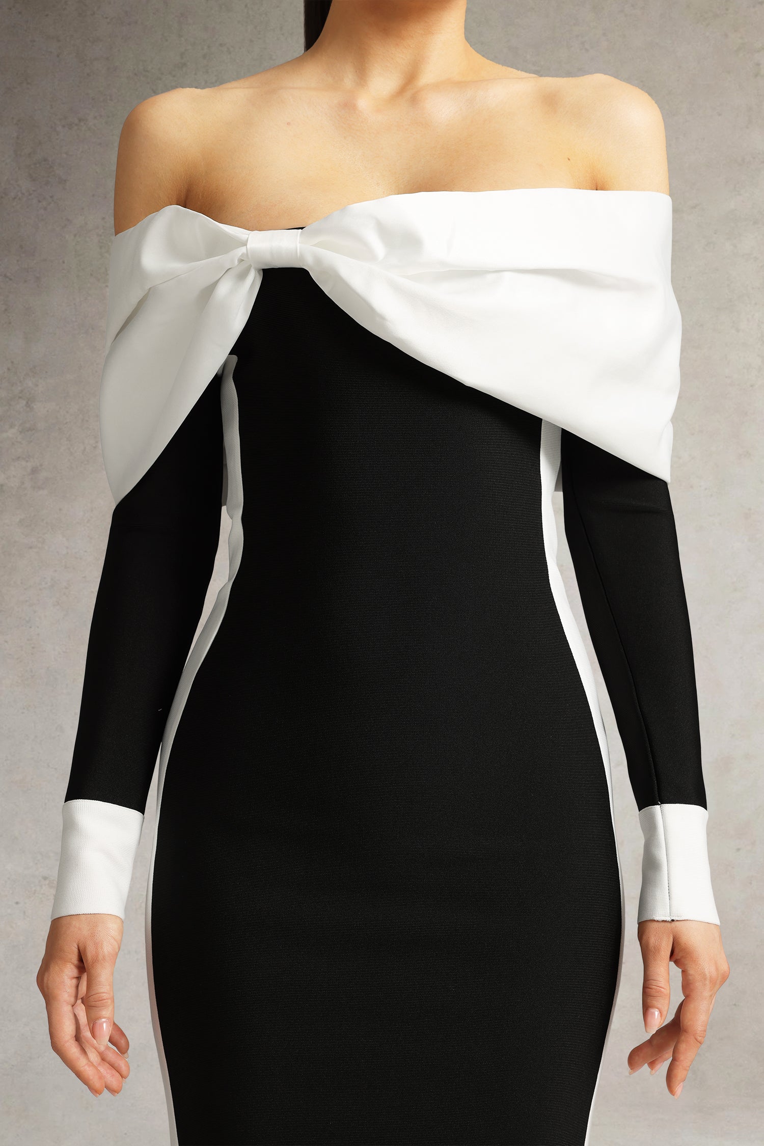 Oria Off Shoulder Bow Bandage Midi Dress