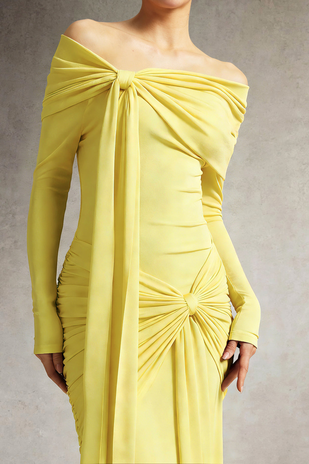 Jillian Off Shoulder Long Sleeve Ruched Yellow Maxi Dress