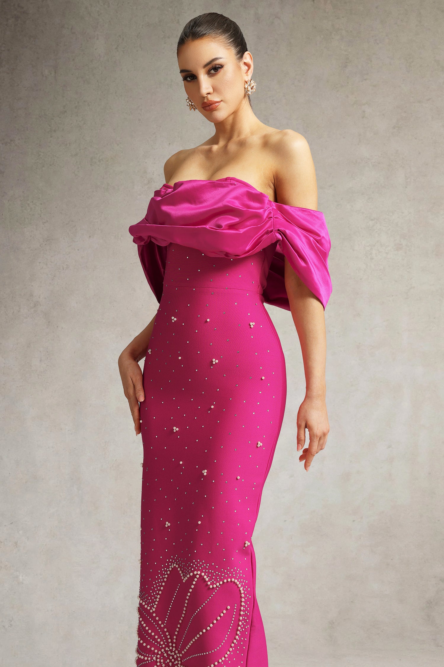 Winify Off Shoulder Rhinestone Bandage Maxi Dress