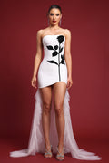 Glera Romantic Contour Strapless Floral Mesh Train Bandage Mini Dress