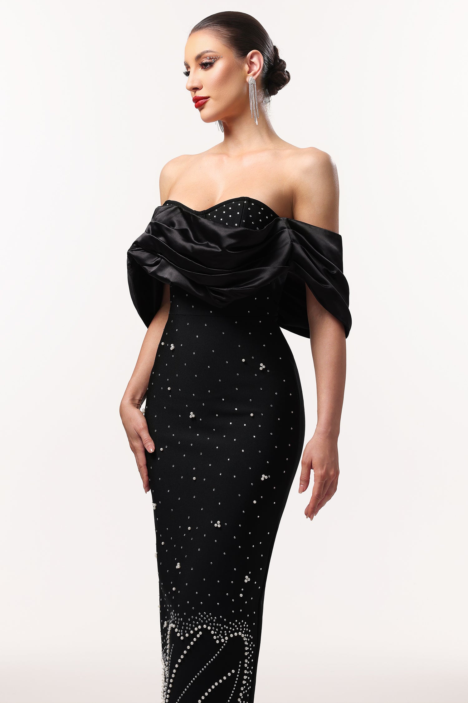 Winify Off Shoulder Rhinestone Bandage Black Maxi Dress