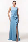 Uri Elegant Contour Sleeveless Ruffle High Slit Maxi Dress