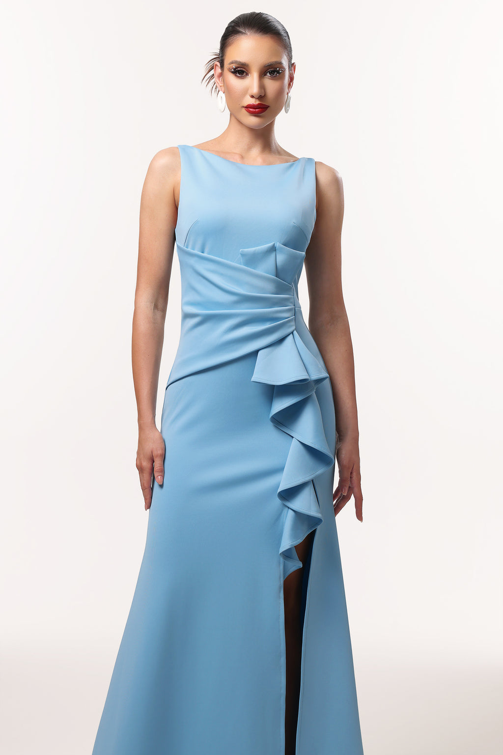 Uri Elegant Contour Sleeveless Ruffle High Slit Maxi Dress