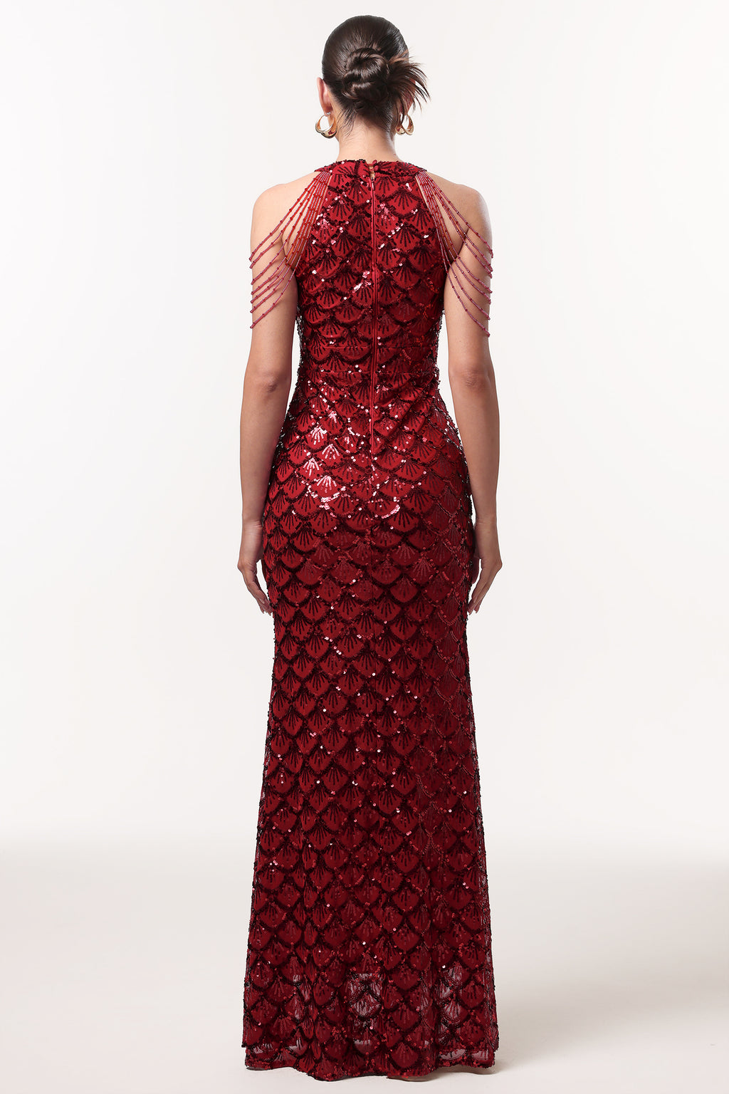 Mallen Glamorous Embellished Halter Fish Scale Sequin Maxi Dress