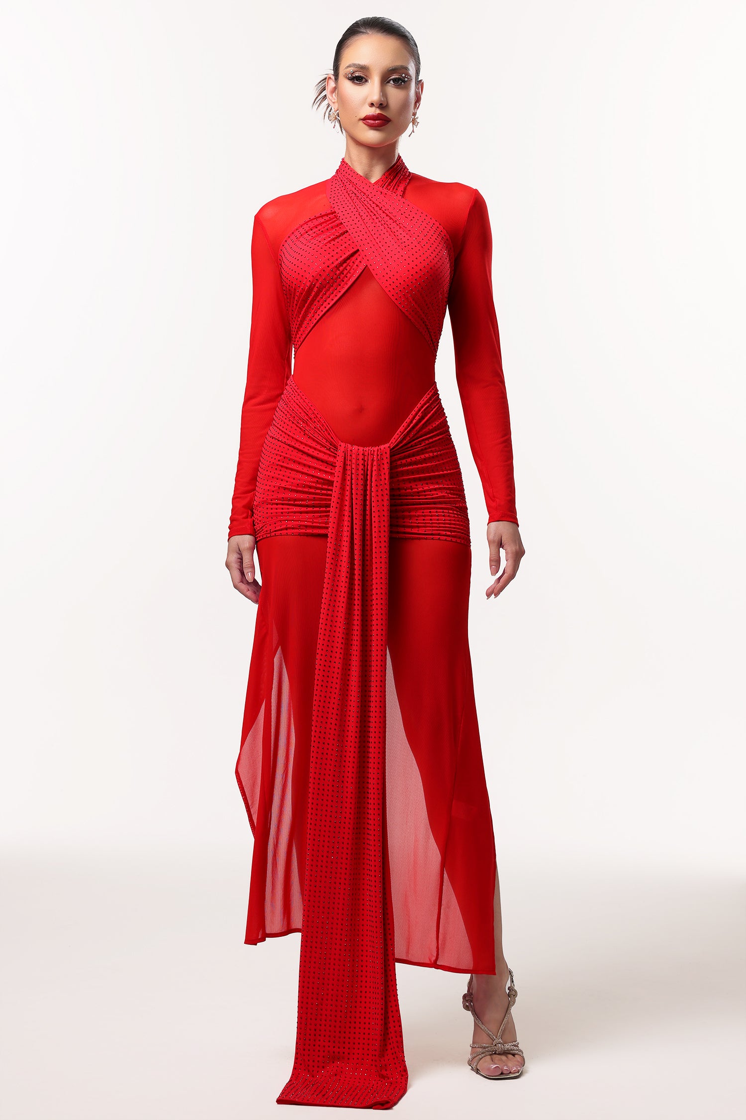 Yaliu Sexy Contour Long Sleeve Ruched Crystal Mesh Maxi Dress