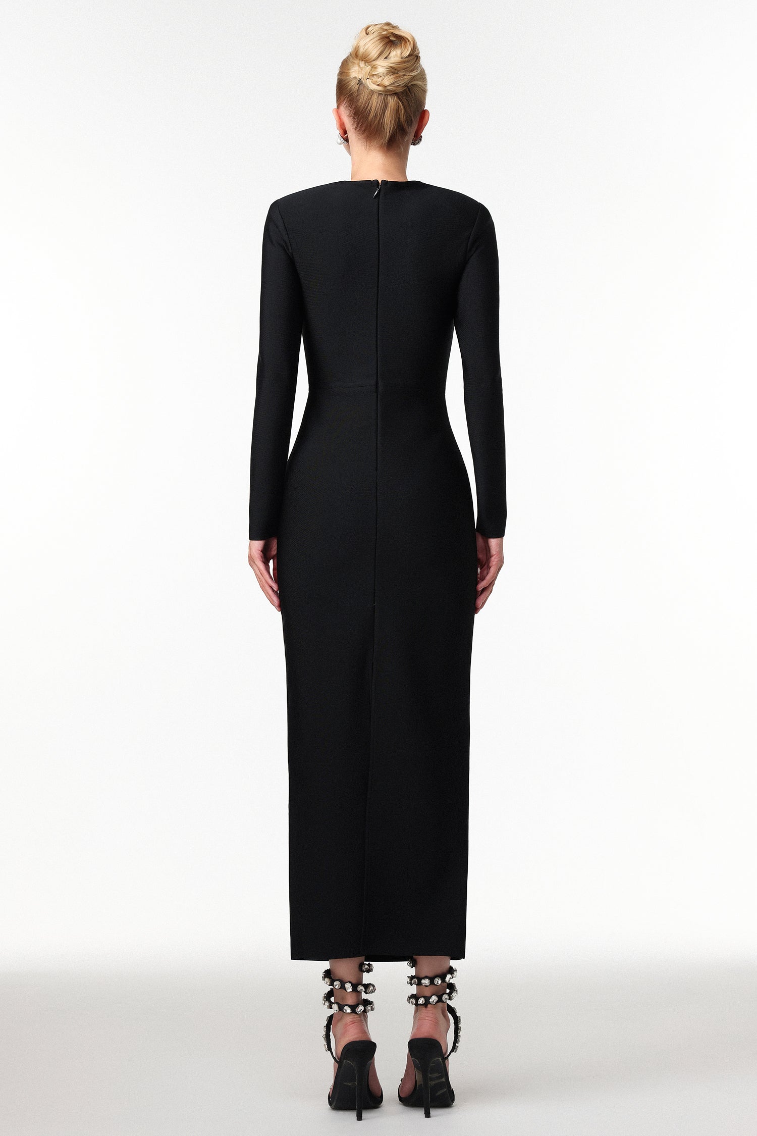 Jensen Elegant Contour Long Sleeve Rhinestone Bandage Maxi Dress