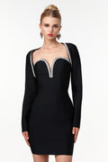 Wynn Sexy Contour Long Sleeve Rhinestone Bandage Mini Dress
