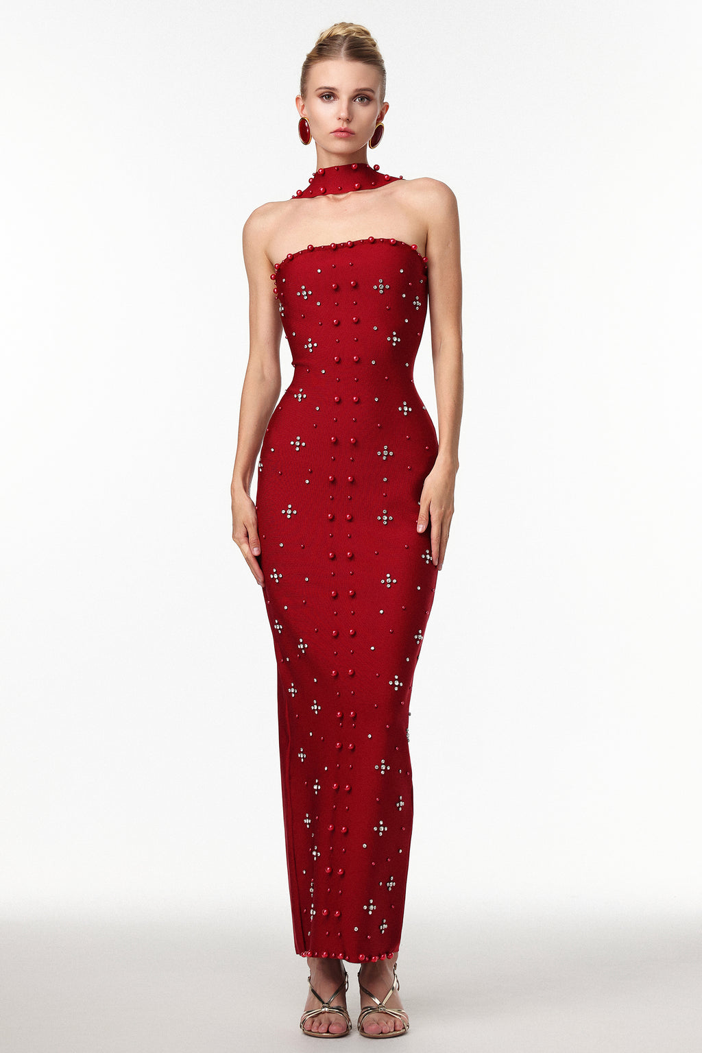 Nesya Sleeveless Pearl Wine Bandage Maxi Dress
