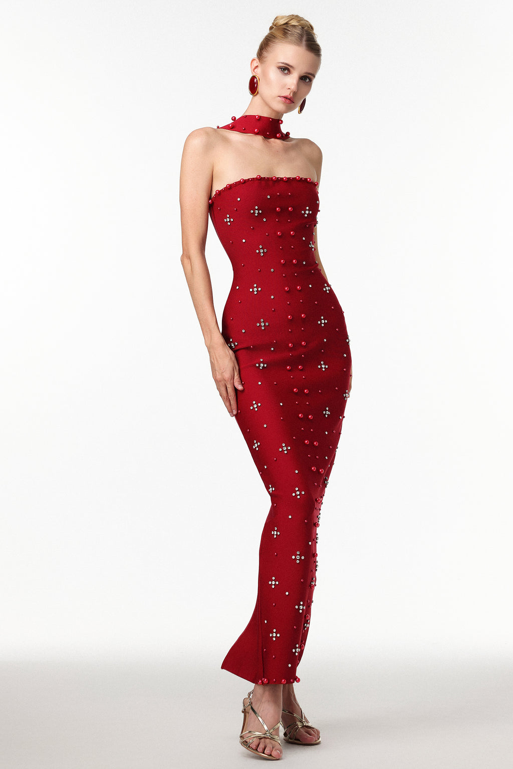 Nesya Sleeveless Pearl Wine Bandage Maxi Dress
