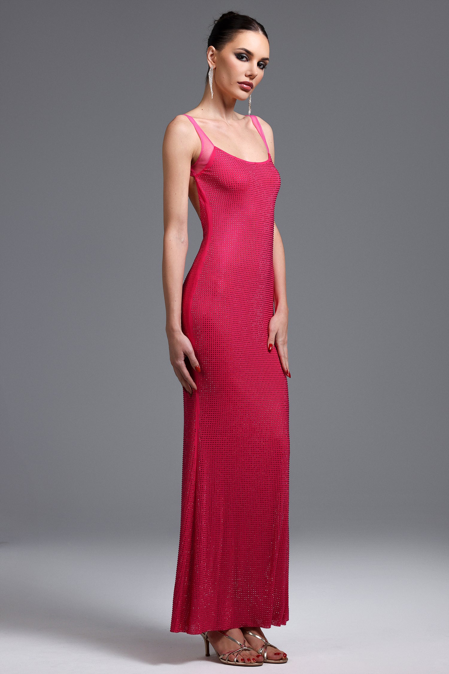 Pillose Diamond Backless Rose Pink Maxi Dress