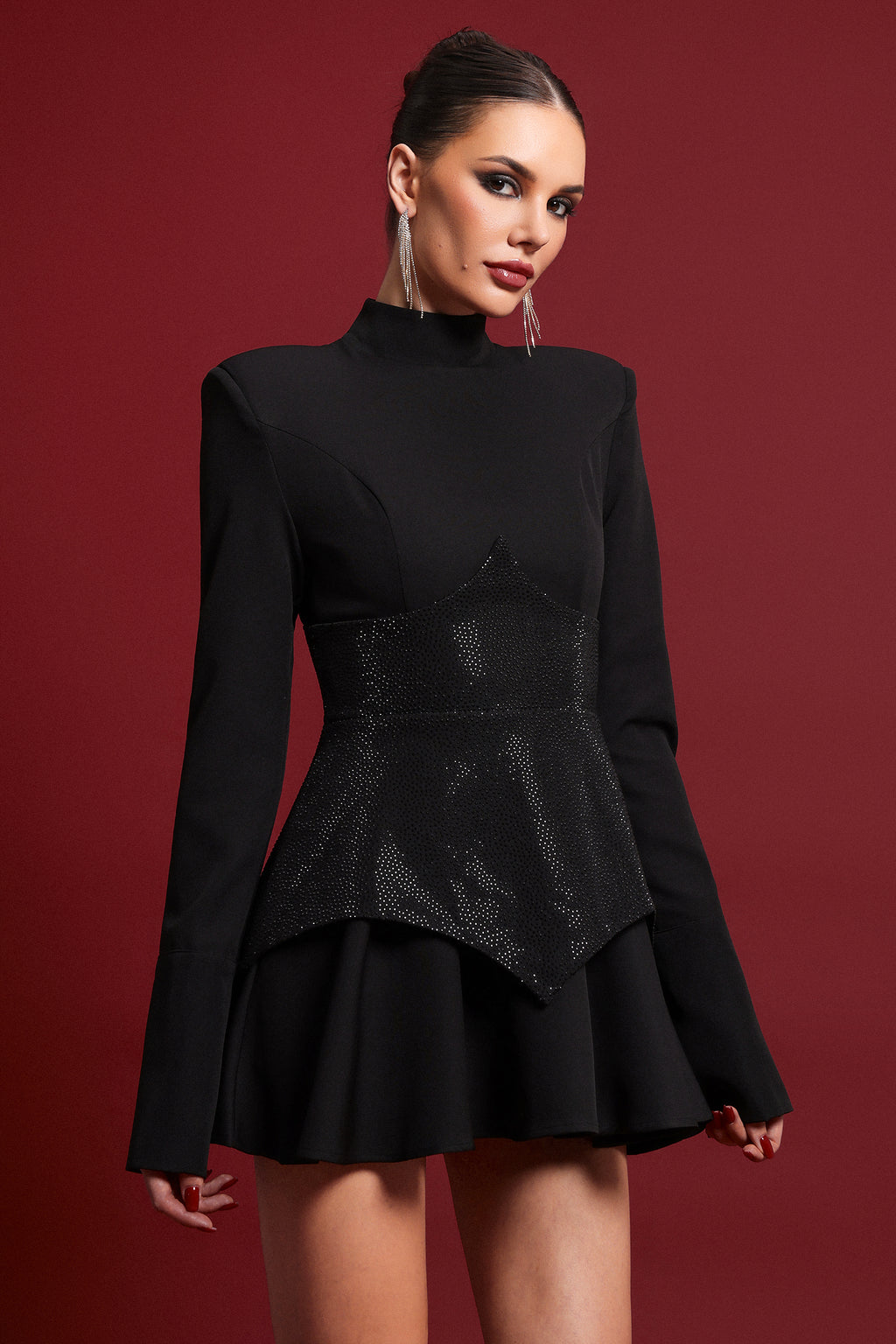 Tanria Classic Tailored Long Sleeve Crystal Mini Dress