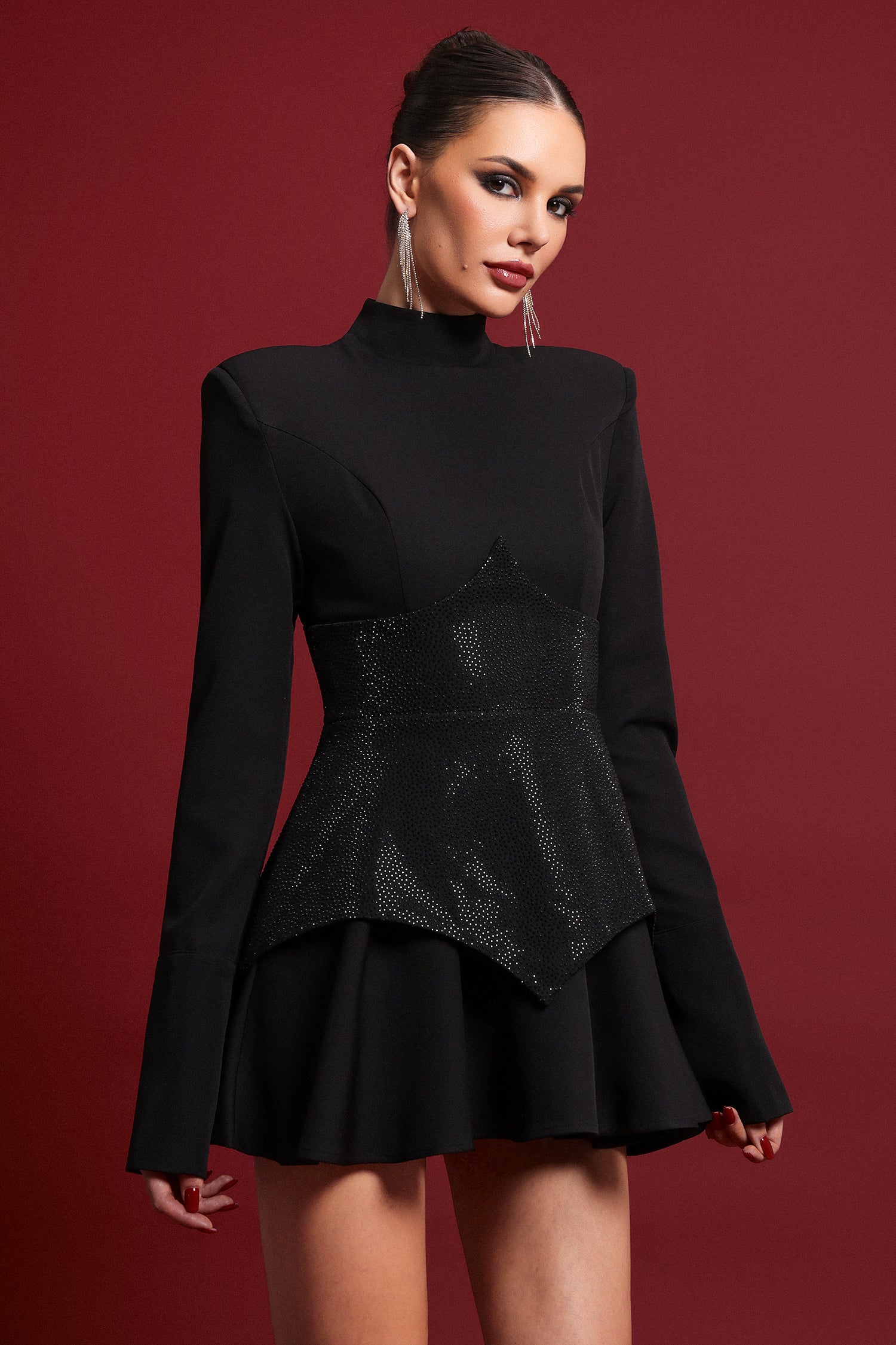 Tanria Classic Tailored Long Sleeve Crystal Mini Dress
