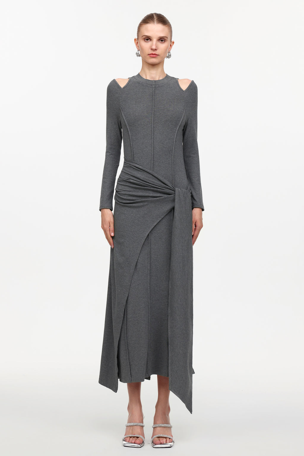 Silas Chic Contour Cut Out Long Sleeve Knot Knit Maxi Dress