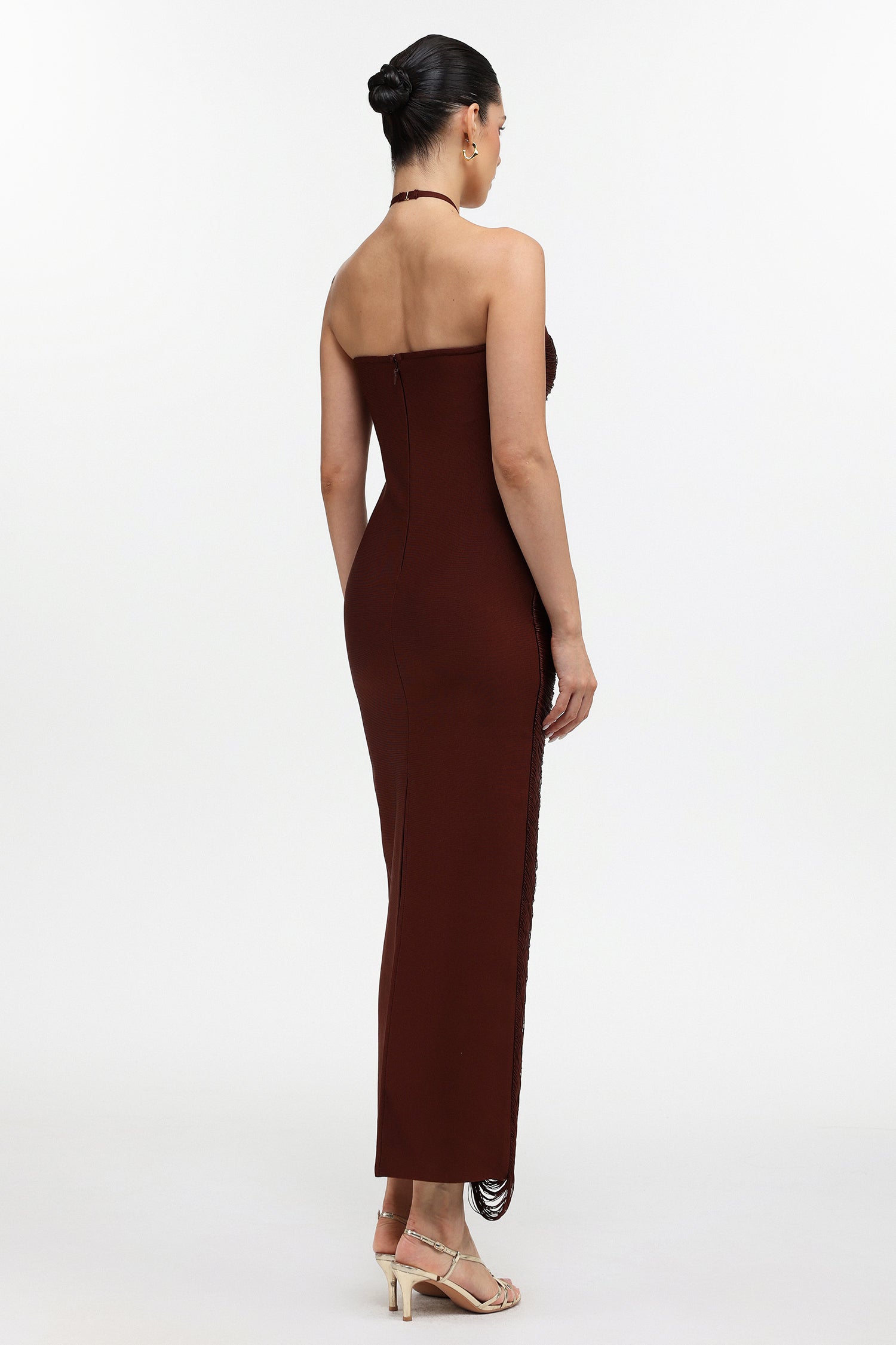 Jozie Classic Contour Halter Fringe Brown Maxi Dress