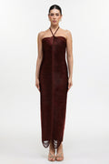 Jozie Classic Contour Halter Fringe Brown Maxi Dress