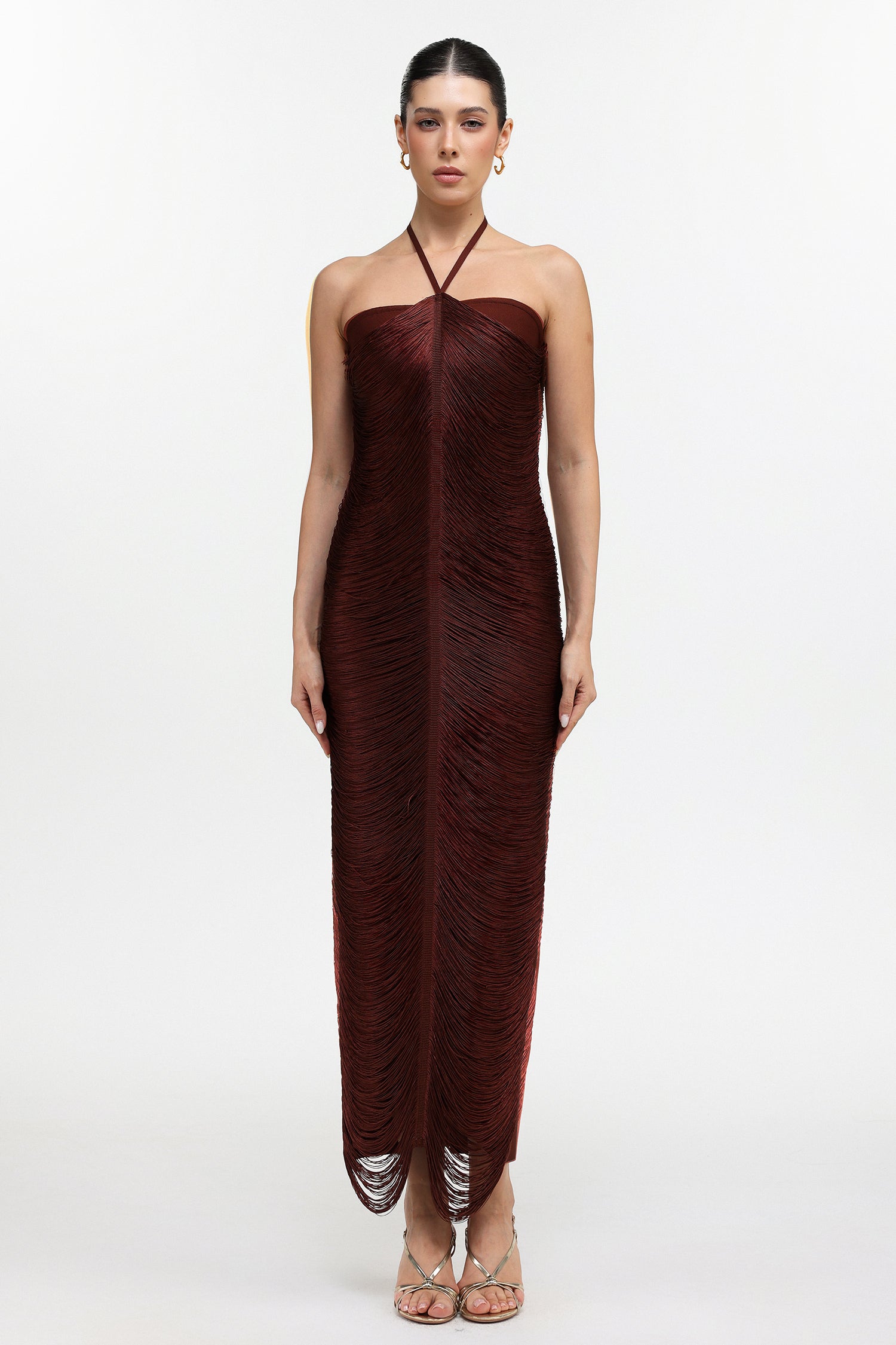 Jozie Classic Contour Halter Fringe Brown Maxi Dress