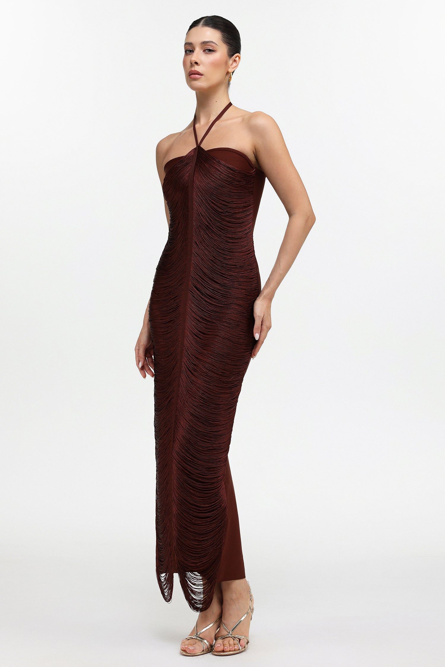 Jozie Classic Contour Halter Fringe Brown Maxi Dress