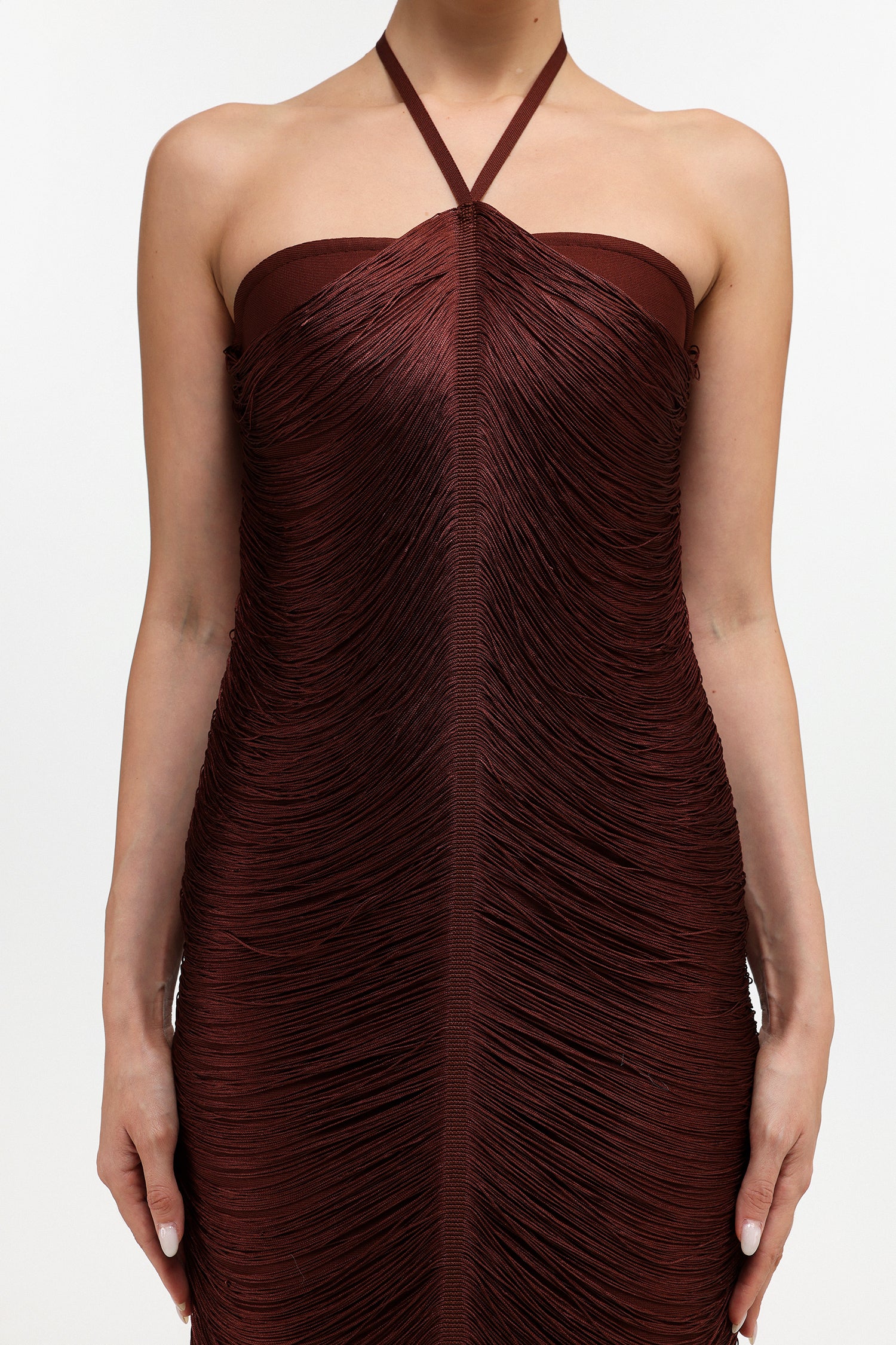 Jozie Classic Contour Halter Fringe Brown Maxi Dress