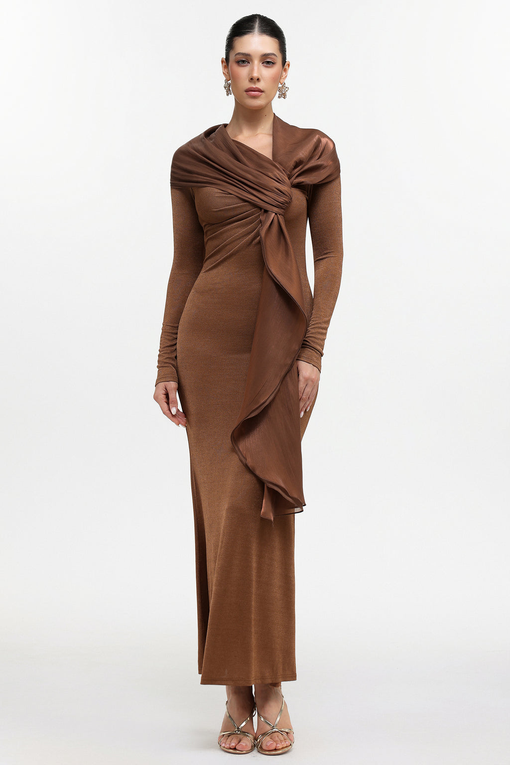 Niamh Elegant Contour Long Sleeve Sheen Scarf Knit Maxi Dress