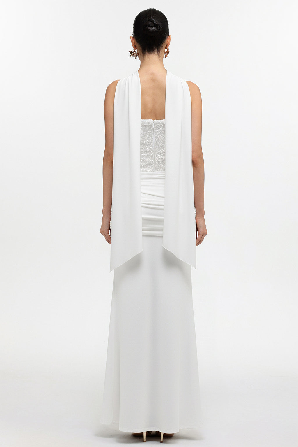 Sharlot Elegant Contour Strapless sequin Draped Knit White Maxi Dress
