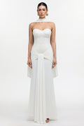Sharlot Elegant Contour Strapless sequin Draped Knit White Maxi Dress