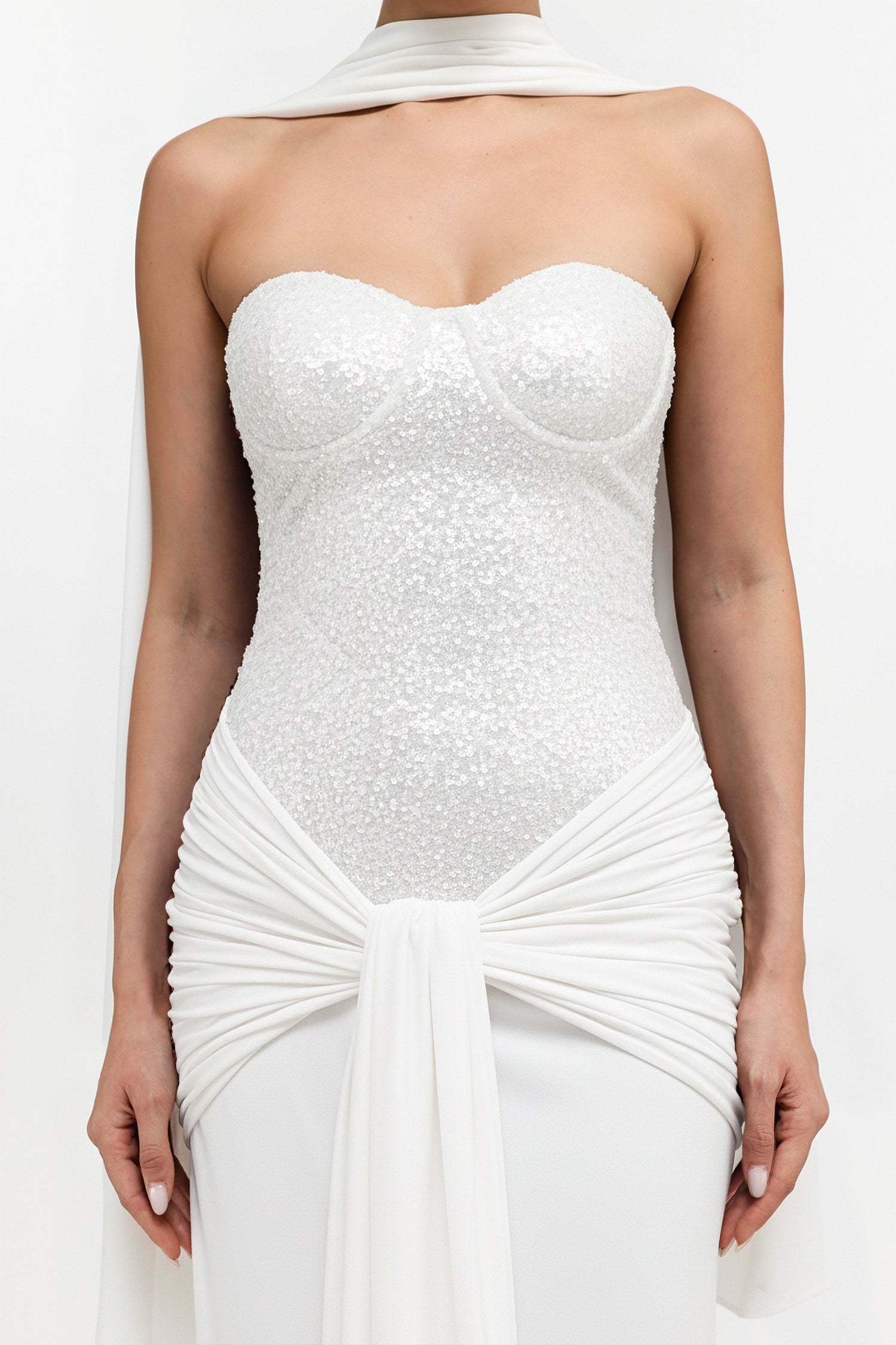 Sharlot Elegant Contour Strapless sequin Draped Knit White Maxi Dress