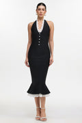 Miranda Romantic Contour Halter Button Front Lace Trim Bandage Midi Dress