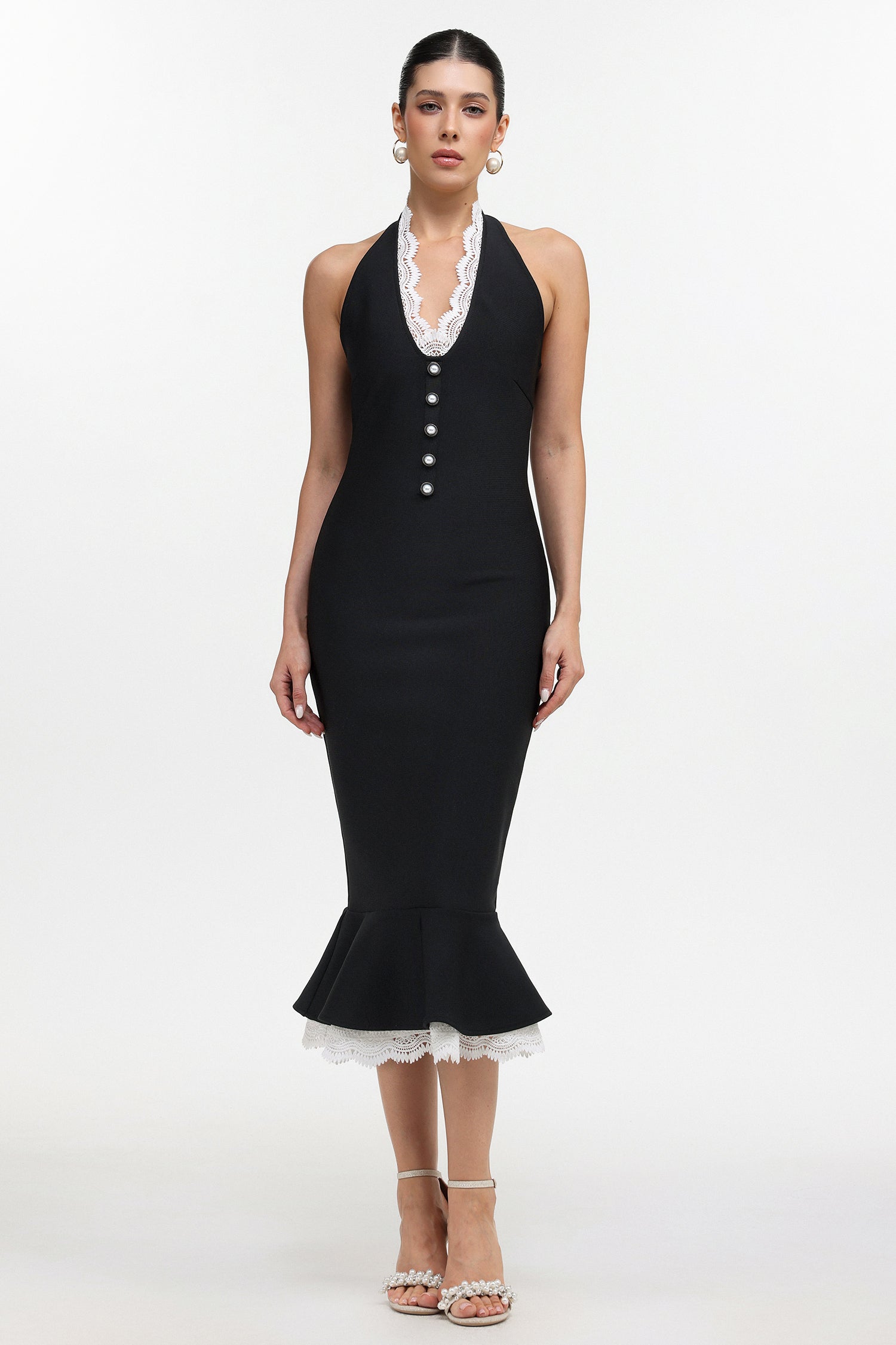 Miranda Romantic Contour Halter Button Front Lace Trim Bandage Midi Dress