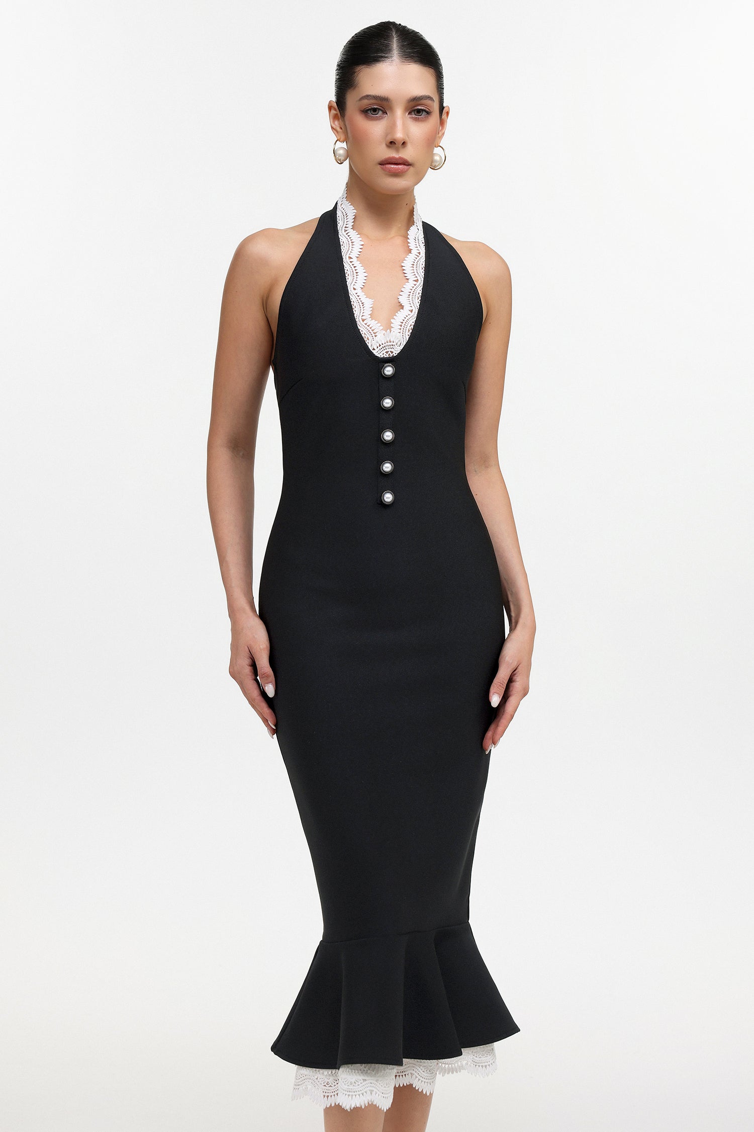 Miranda Romantic Contour Halter Button Front Lace Trim Bandage Midi Dress