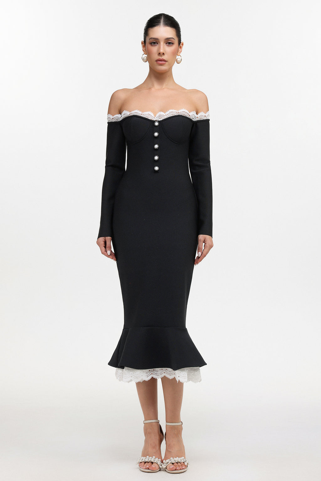 Lousia Romantic Contour Off Shoulder Button Front Lace Trim Bandage Midi Dress
