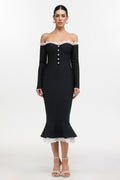 Lousia Romantic Contour Off Shoulder Button Front Lace Trim Bandage Midi Dress