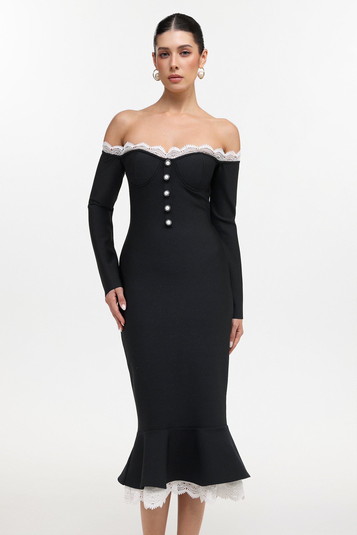 Lousia Romantic Contour Off Shoulder Button Front Lace Trim Bandage Midi Dress