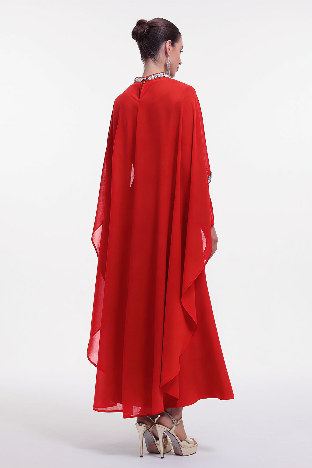 Nadine Elegant Tailored Long Sleeve Rhinestone Mesh Cape Red Maxi Dress