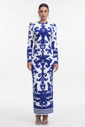 Round Neck Long Sleeve Jacquard Bandage Maxi Dress