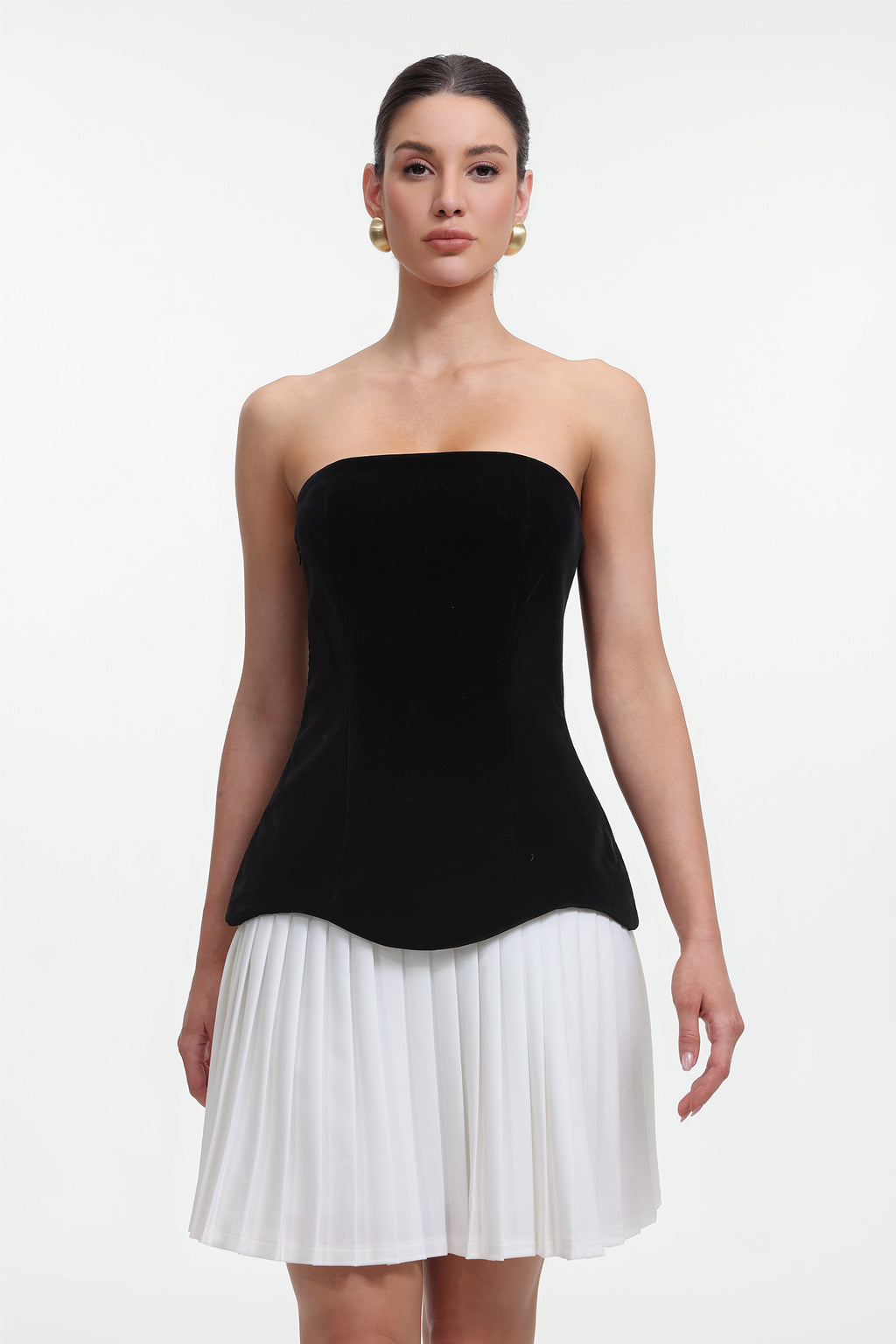 Ursula Chic Tailored Strapless Contrast Pleated Mini Dress