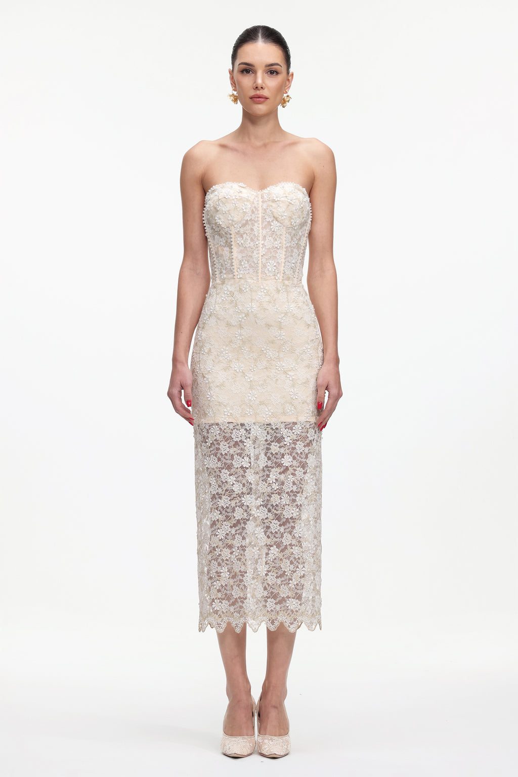 Ralaya Elegant Tailored Strapless Pearl Floral Lace Maxi Dress