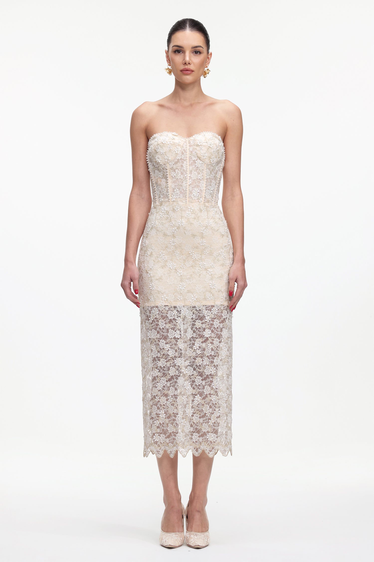 Ralaya Elegant Tailored Strapless Pearl Floral Lace Maxi Dress