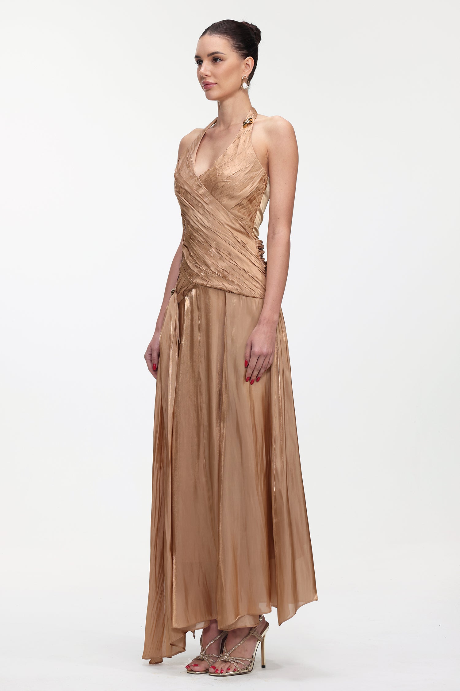 Polasa Elegant Flowy Sleeveless Pleated Satin Maxi Dress